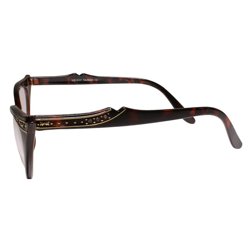 Womens Tortoise Cat Eye Clear Lens Glasses Gold Rhinestone Retro